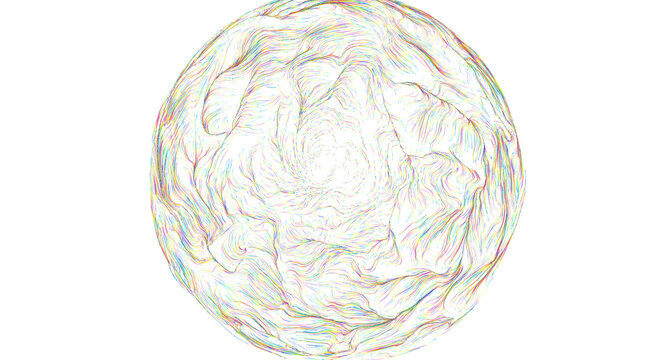 Intricate abstract sphere shape formed by numerous colorful flowing lines and dots.