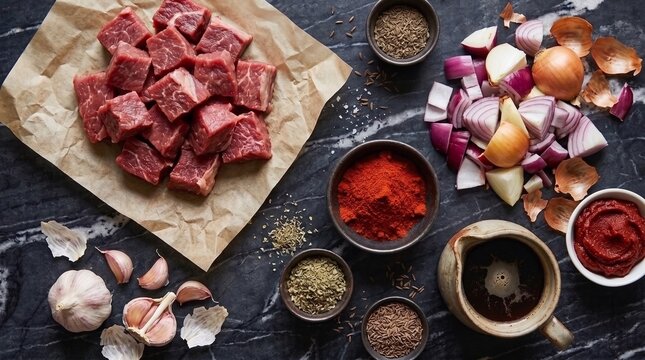 Raw ingredients for traditional beef goulash with diced beef, onions, paprika, caraway seeds, and dark beer flat lay
