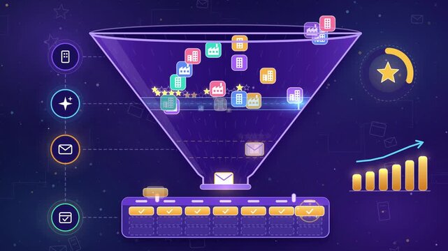 AI lead generation funnel scores companies, sends emails and books meetings in a calendar, sales pipeline animation 4K