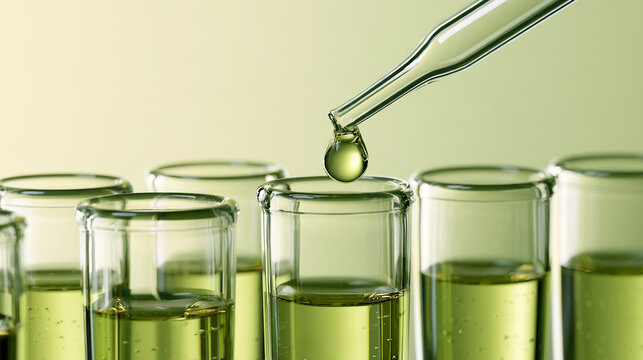 並んだ透明容器に緑の美容液を滴下するスキンケア研究と成分開発イメージ / Green serum drop over a row of glass vials for skincare research and cosmetic formulation