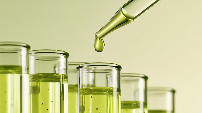 緑の美容液が入った高さの異なるガラス容器と滴を垂らすスポイト / Green serum in staggered glass vials with a dropper for soothing skincare formulation imagery