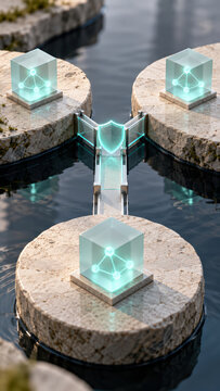 Three glowing glass cubes connect stone platforms across water while luminous bridge safeguards digital settlement and its shared asset