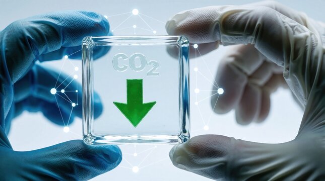 Hands in blue, white medical gloves hold glass cube with green arrow, CO2 text. Scientist shows carbon footprint reduction concept. Concept of climate change solution, ecology protection, green