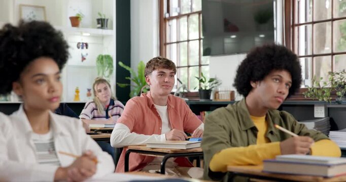 Learning, student or hand up in high school for answer, response or constructive feedback in lesson. Teen boy, attention and gesture in classroom for question, opinion and opportunity for input