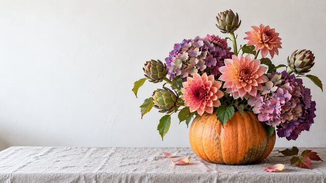 Organic autumn floral design of peach dahlias, purple hydrangeas and sculptural artichoke buds in a rustic pumpkin vase, a garden inspired harvest centerpiece for an understated Halloween tablescape
