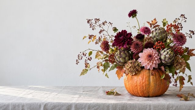 Sculptural autumn floral arrangement with burgundy and mauve dahlias, artichoke buds, hydrangea and red berries in a pumpkin vase, a garden inspired harvest centerpiece with soft natural styling