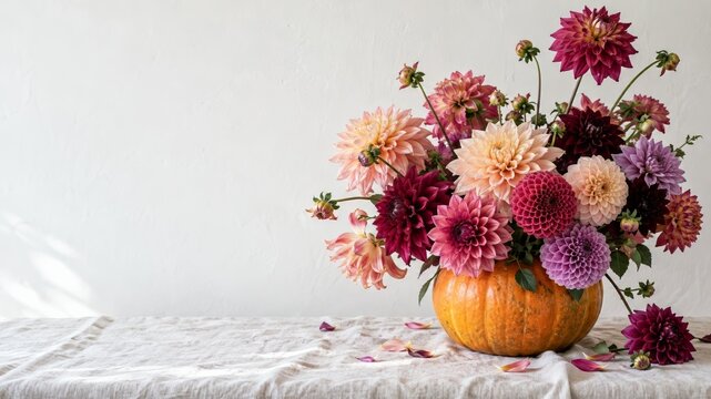 Contemporary botanical art with blush, peach, raspberry and lavender dahlias arranged in a rustic pumpkin vase, a lush seasonal floral centerpiece for autumn tablescapes and natural Halloween decor