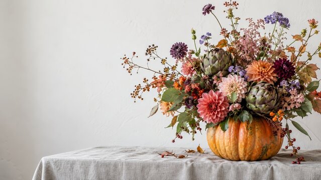 Artichoke buds and peach dahlias rise from a pumpkin vase among purple wildflowers, autumn berries and seasonal foliage, creating a sculptural harvest centerpiece for a natural Halloween tablescape
