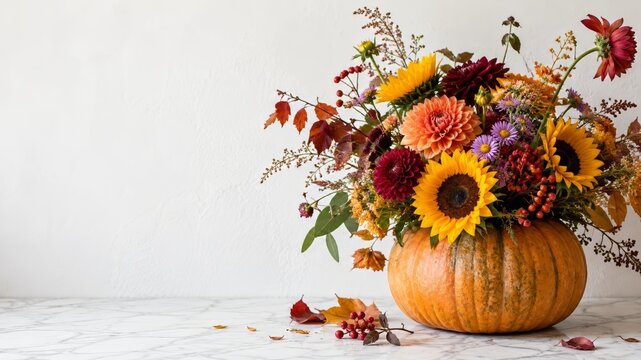 Autumn floral arrangement of golden sunflowers, peach and burgundy dahlias, purple asters and red berries in a pumpkin vase on a marble table, a sculptural harvest centerpiece with generous copy space