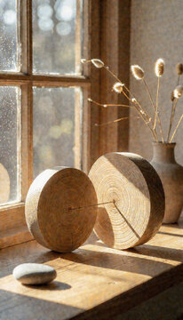 Wooden decorative objects and vase with dried flowers on window sill  