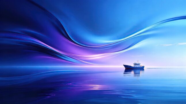 Surreal calm ocean landscape with small fishing boat sailing on still water and abstract glowing purple blue wavy light in sky symbolizing forward life journey concept