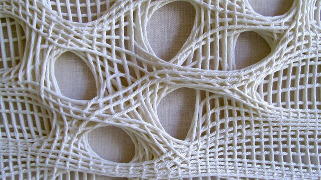 Textured hand woven white macrame textile with interlaced yarns forming organic rounded hollow holes showing beautiful modern fiber art texture