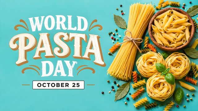 World Pasta Day flat lay design with raw noodles and copy space on a blue background
