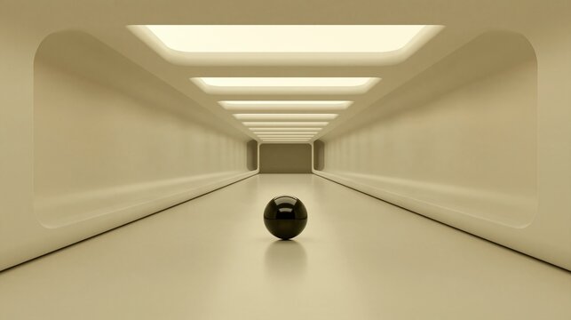 Minimalist empty long corridor with sequential glowing ceiling lights and a single black glossy sphere in the center of modern 3d interior