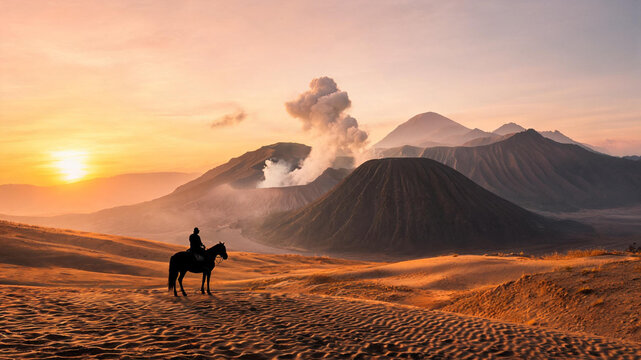 Silhouette of horseman on horse in sand dunes overlooking smoking Mount Bromo volcano at golden sunrise, East Java, Indonesia