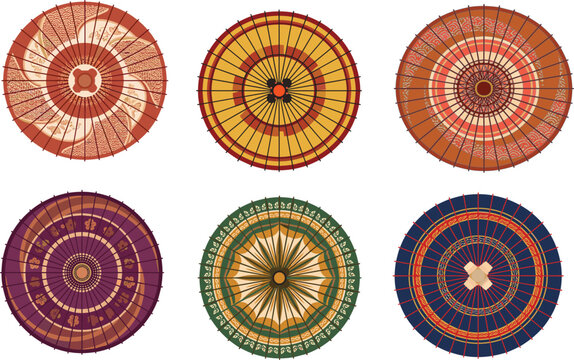 Traditional Japanese parasol vector set with ornate circular patterns and cultural umbrella designs