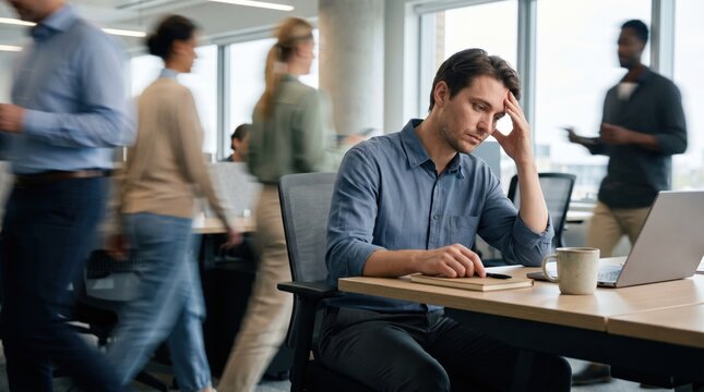 Stressed corporate employee sitting at desk handling heavy workload while coworkers walk fast through busy workplace environment representing pressure and anxiety in professional career motion