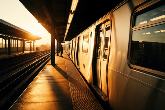 Subway train stops at elevated outdoor station during golden sunset. Empty metal commuter car waits on platform. Lone passenger stands near tracks under warm orange sunlight. Urban public transport
