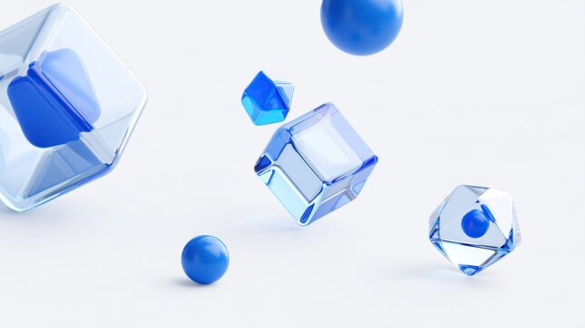 Floating transparent blue glass polyhedrons and solid glossy blue spheres on clean white background modern 3d geometric abstract geometric composition