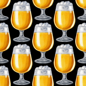 Seamless pattern with watercolor illustrations of beer glasses with light ale or beer and foam. Hand drawn craft beverage background for bar, menu, pub decor, Oktoberfest festival or packaging.