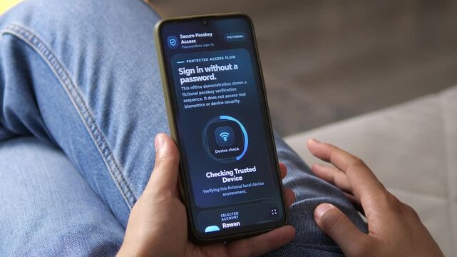 Person completes passwordless sign-in on a smartphone, highlighting passkey authentication, trusted device verification and secure digital identity access.