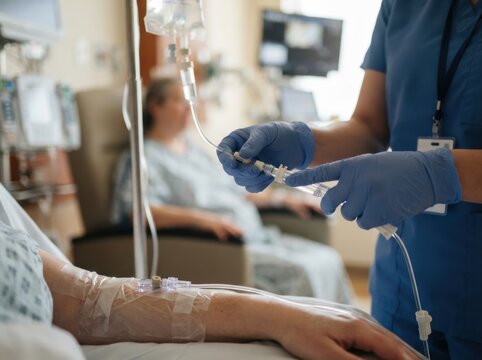 cancer infusion tubing inspection closeup Nurse adjusting IV drip for patient in hospital room with medical equipment.