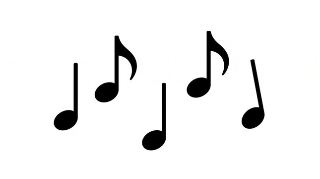 Five black musical notes scattered on white background: three quarter notes and two eighth notes with flags, simple minimalist icon style arranged in loose pattern.