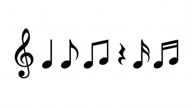Black musical notation on white: treble clef followed by quarter, eighth, beamed eighth, rest, sixteenth and beamed sixteenth notes, minimalist design.