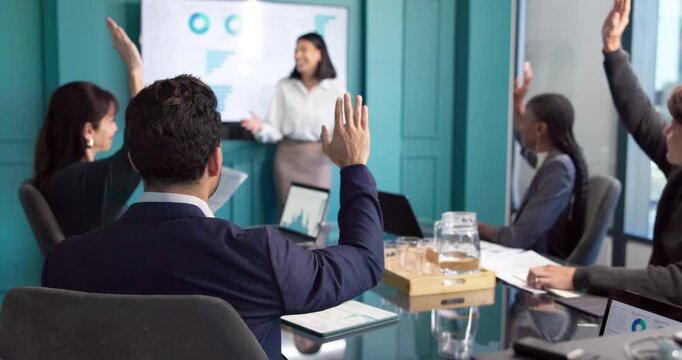 People, hand raised and speaker in meeting with question, data analysis and voting for accounting. Smile, woman or answer in office with screen, team participation and opinion on financial statistics