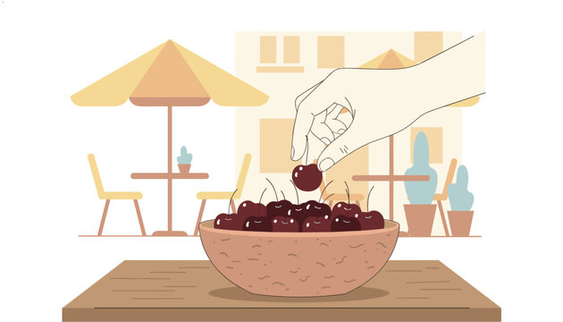 Hand picking fresh cherry from wooden bowl filled with delicious berries on cafe table setting.