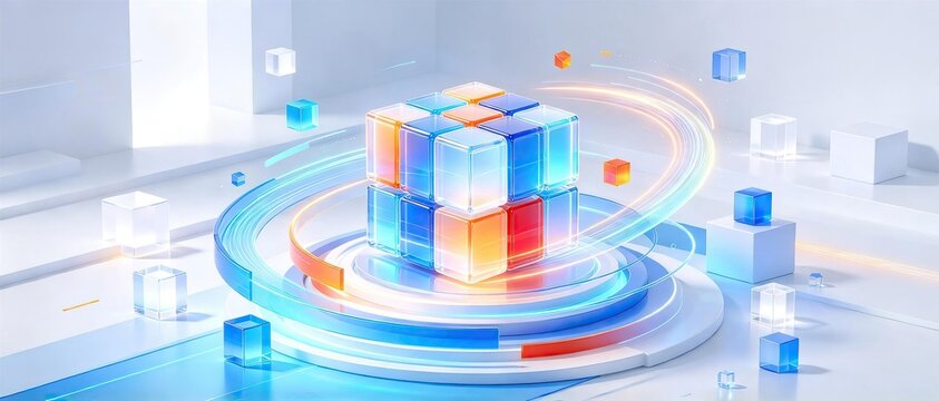 3d abstract stacked transparent glass cube puzzle with glowing curved light trails on light clean white and blue background modern technology and blockchain concept