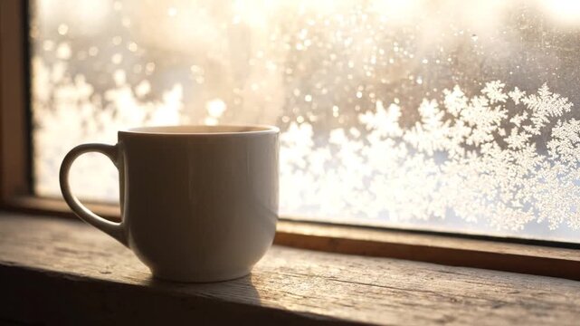 A steaming white mug rests on a rustic wooden windowsill as soft morning light illuminates frost patterns and snowflakes on the glass, creating a serene, cozy winter atmosphere.