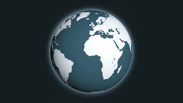 A smooth 3D animation of a simplified, glowing Earth spinning steadily against a dark background, showcasing all continents and oceans in a continuous loop.