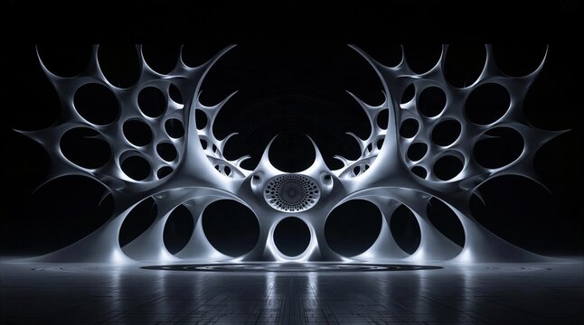 Futuristic parametric white porous architectural structure with multiple circular openings in dark empty hall with reflective glossy floor contemporary modern architecture