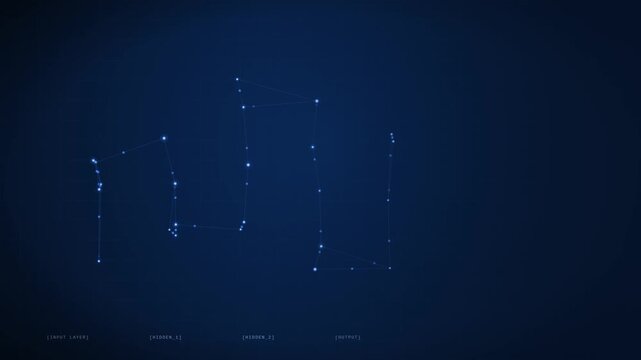 A glowing blue neural network structure pulses against a dark background, representing data connections and artificial intelligence in a digital space.