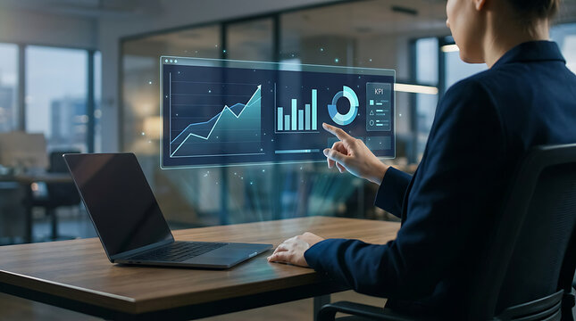 Person points at digital dashboard showing upward trending graph and key performance indicators.
