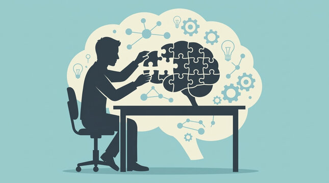 Silhouette of a person assembling puzzle pieces into a human brain silhouette symbolizing cognition problem solving and mental processes