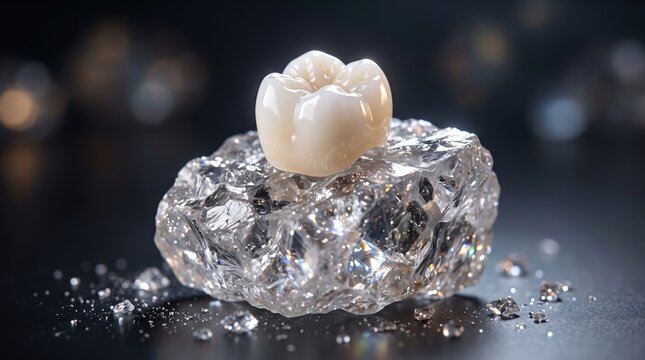 Highly detailed realistic dental crown resting on a sparkling crystal rock against a dark blurred background, symbolizing premium zirconia prosthodontics and luxury dental care.