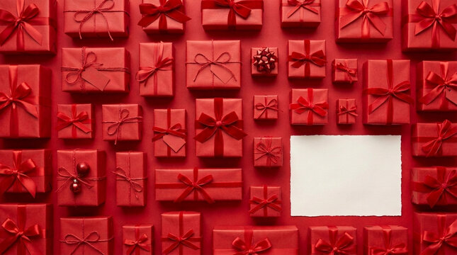 Seamless Pattern of Red Gift Boxes with Ribbons White Blank Card for Message Overhead View