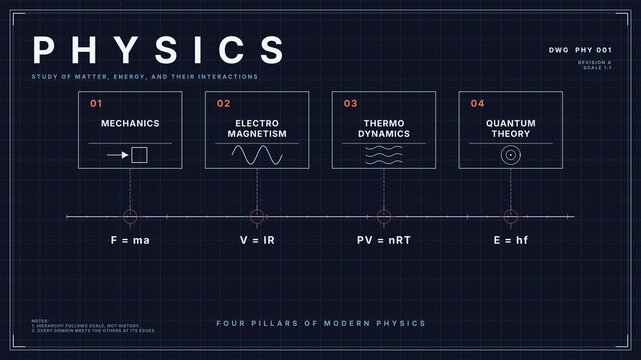 Four pillars of modern physics blueprint diagram animation with mechanics, electromagnetism, thermodynamics, and quantum theory