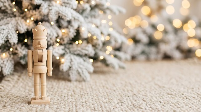 Christmas holiday wooden nutcracker soldier standing beside twinkling