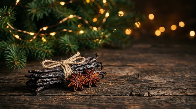 Christmas day vanilla beans star anise and pine branches on a rustic