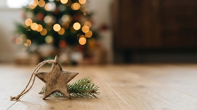 Christmas wooden star ornament with pine branch and twinkling tree
