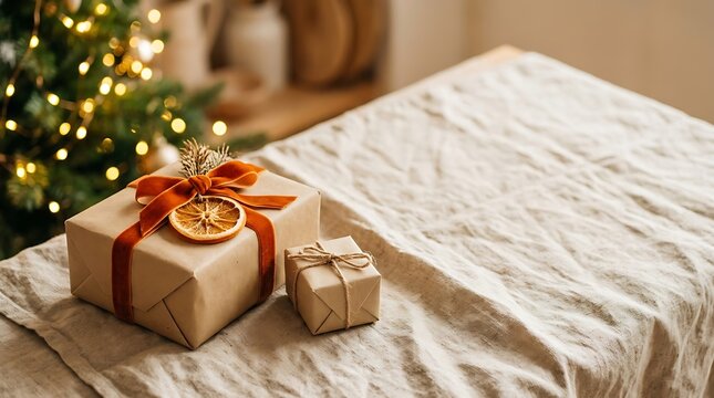 Christmas day gifts with velvet ribbon and dried orange on a linen