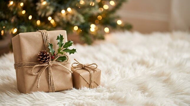 Christmas day gifts with brown paper twine pine cone and holly on a
