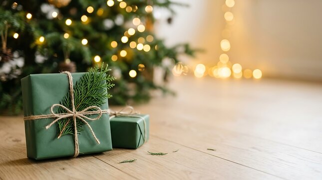 Christmas day gift boxes with pine branch and twine on wooden floor