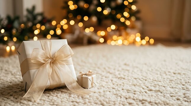 Christmas gift wrapping with ribbon small box cozy lights and festive