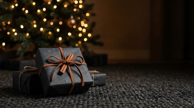 Christmas gift boxes with rustic bows under decorated tree for