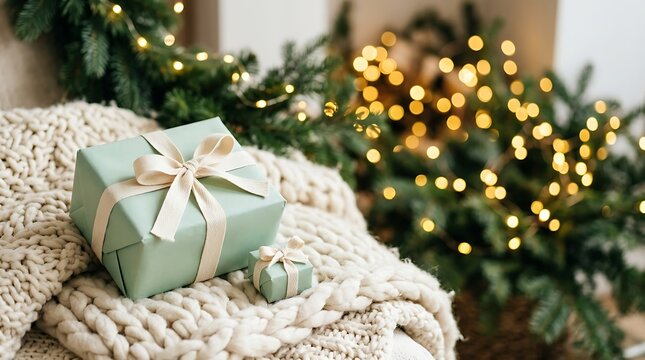 Christmas day gifts with ribbon on a knit blanket with blurred