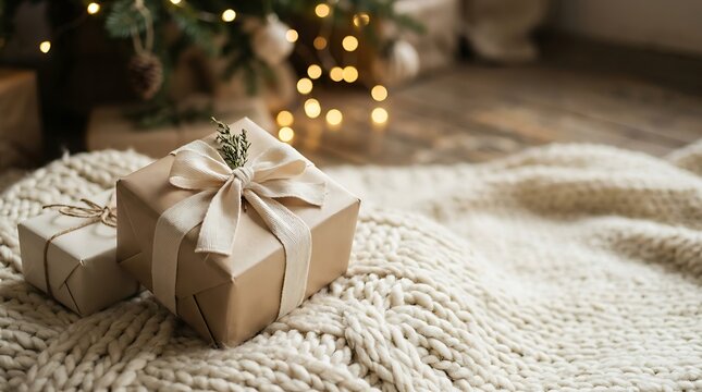 Christmas day gifts with ribbon on a knit blanket festive tree lights